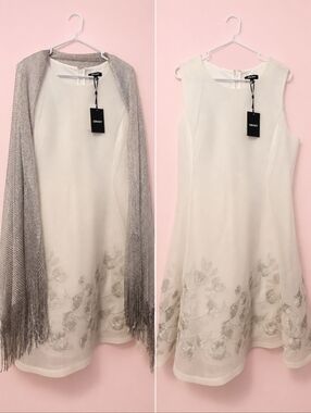 DKNY Floral Embroidered Sleeveless Dress With Shaw
